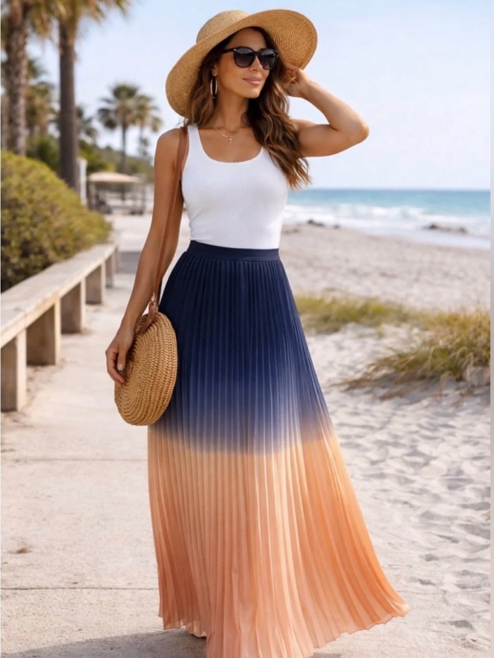 Cynthia Rowley Pleated Ombre Navy to Coral Maxi Skirt Small